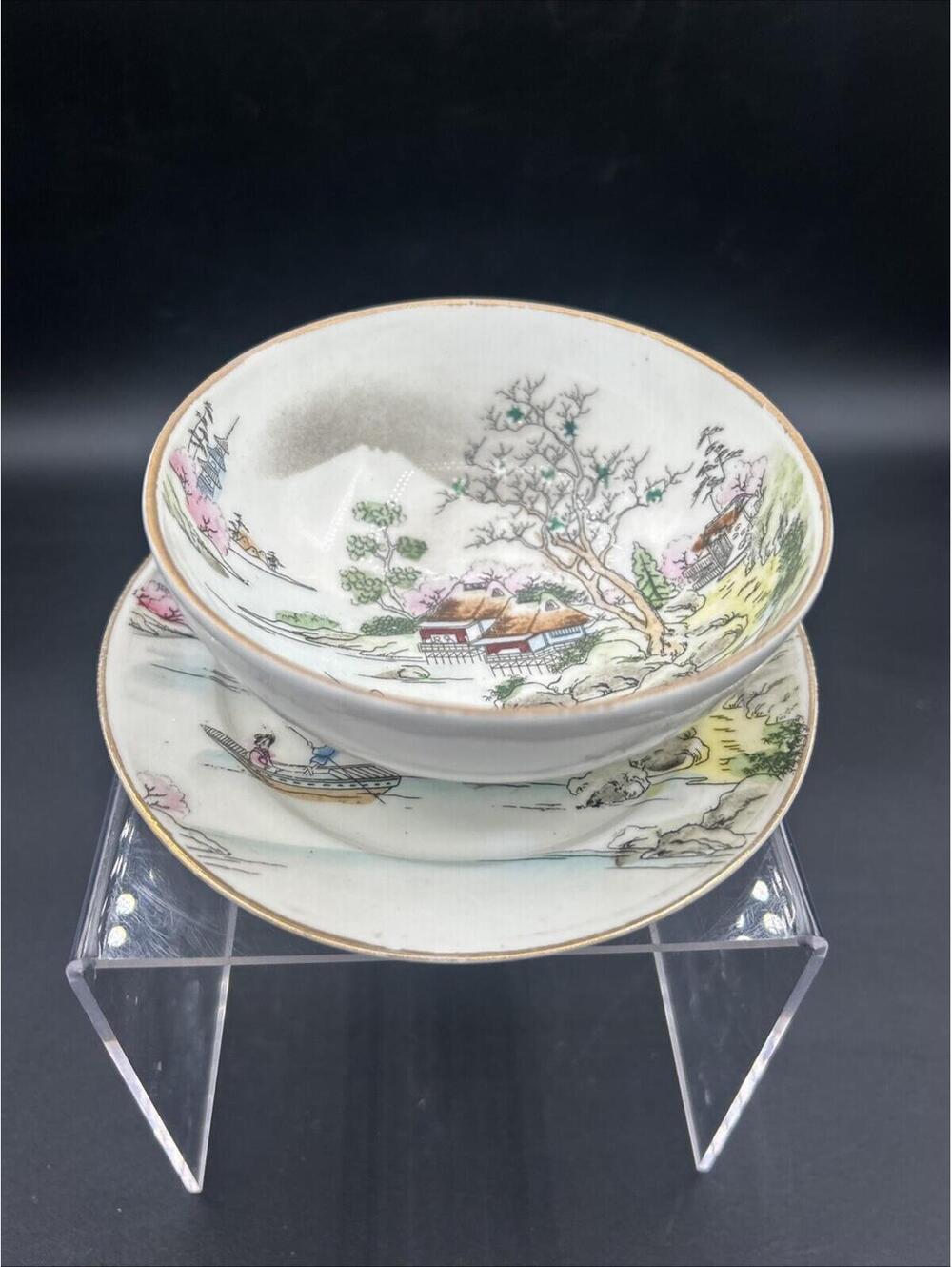 Antique Hand Painted Nippon Scenic Gold Trimmed Footed Cup and Saucer